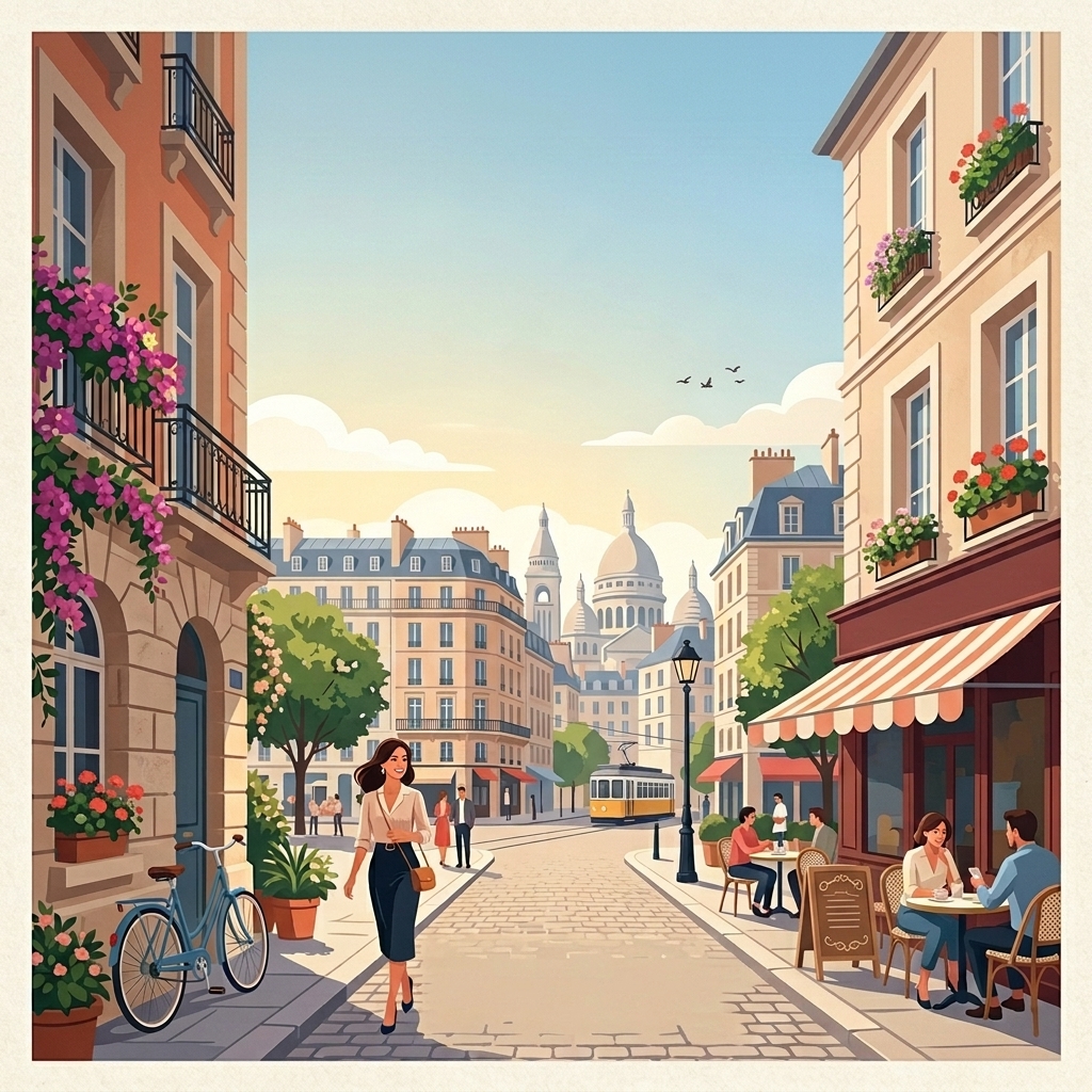 Beautiful sunset street relocation to Europe graphic illustration